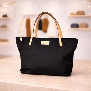 Kate Spade Black Nylon Tote Tan Leather Handles Pink Lined Zip Top